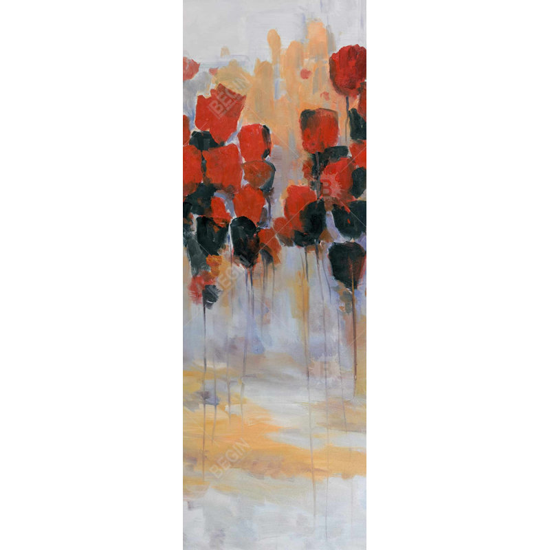 Champ de fleurs rouges - toile encadrée 16 po x 48 po
