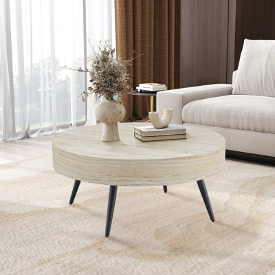 31.5" Round Coffee Table with Storage, Travertine-Patterned Top and Metal Legs, Modern Center Table for Living Room or Apartment