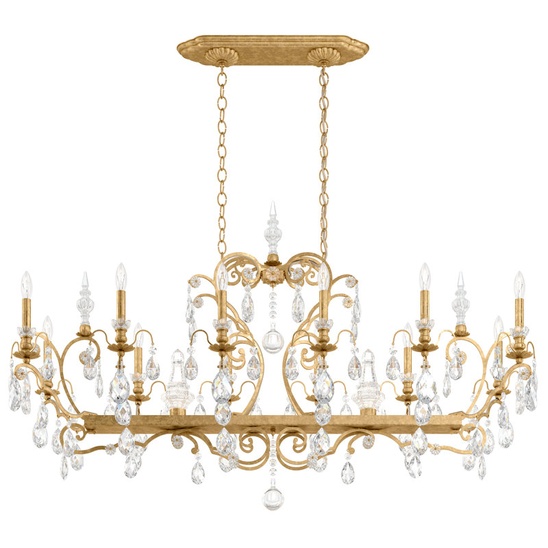 Renaissance 12 Light 56in x 34in Linear Chandelier in Antique Silver with Clear Heritage Handcut Crystals, Heirloom Gold
