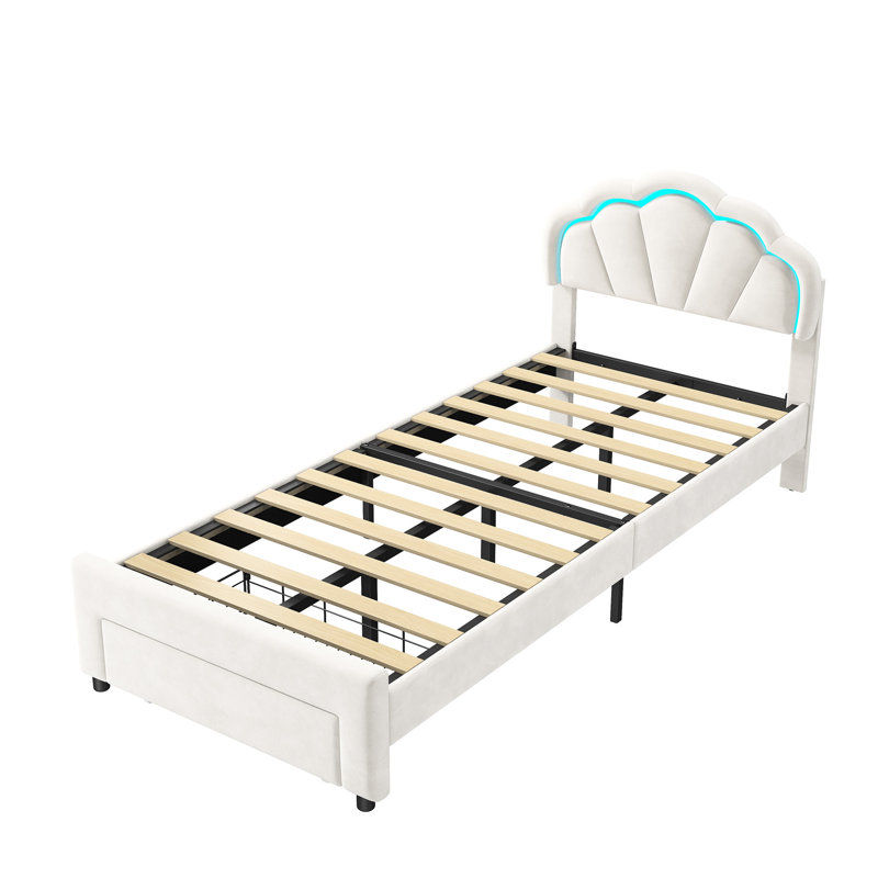 Smart LED White Velvet Bed Frame With Storage Drawers, Scalloped Petal Headboard & App Control, European Single (90X200cm) & Double (140X200cm)