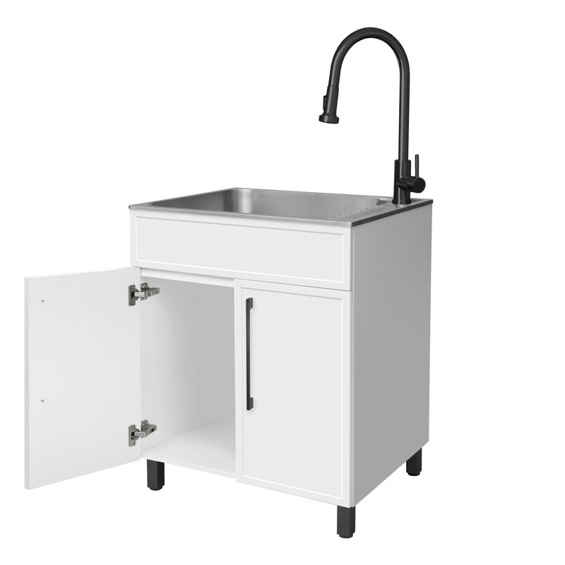 Tout-en-un W28 po X P 22 po Évier utilitaire en acier inoxydable avec robinet rétractable et armoire de rangement, Noir mat