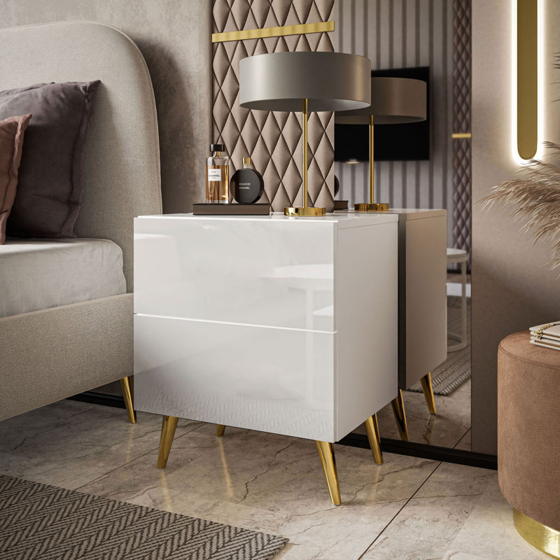 Ballajura 2 Drawer Bedside Table, White/Gold
