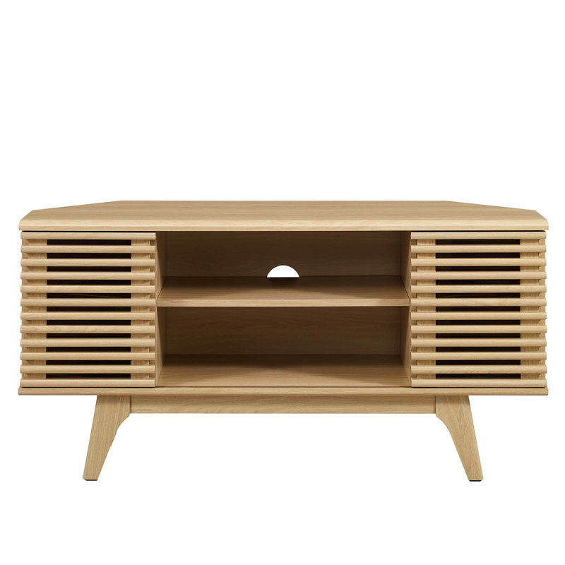 Oak Mid-Century Modern Corner TV Stand with Cabinet