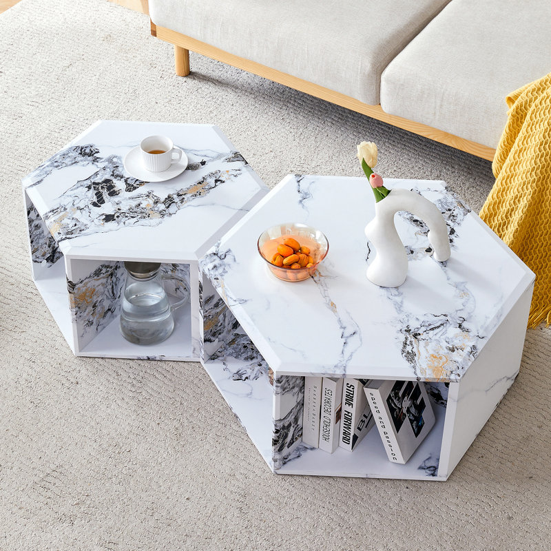 Minimalist White Patterns Hexagonal Coffee Table Set.Hexagonal MDF Coffee Table