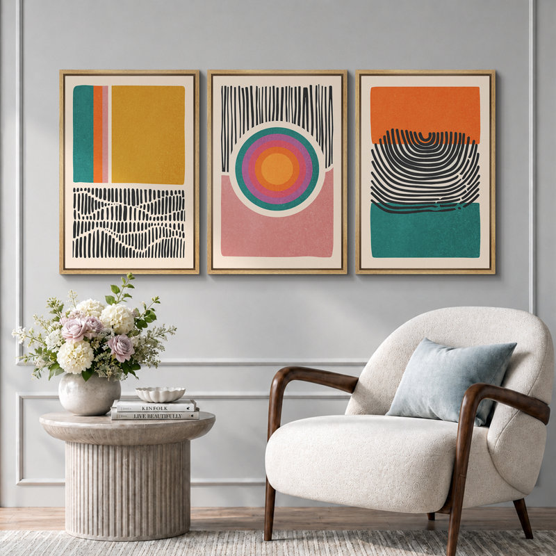 «Mid-Century Multicolor Color Block Shape Abstract Geometric», ensemble de 3 impressions sur toile flottante encadrées