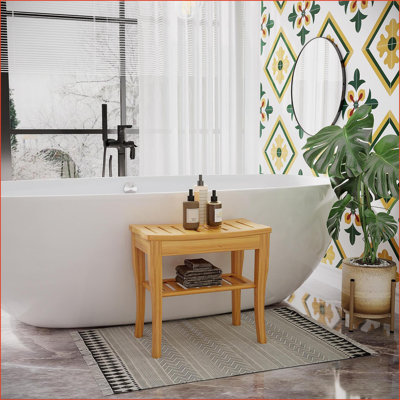 Banc de douche en bambou, tabouret de spa 20 po avec tablette de rangement pour salle de bain / terrasse / véhicule récréatif | Bois naturel | Bambou