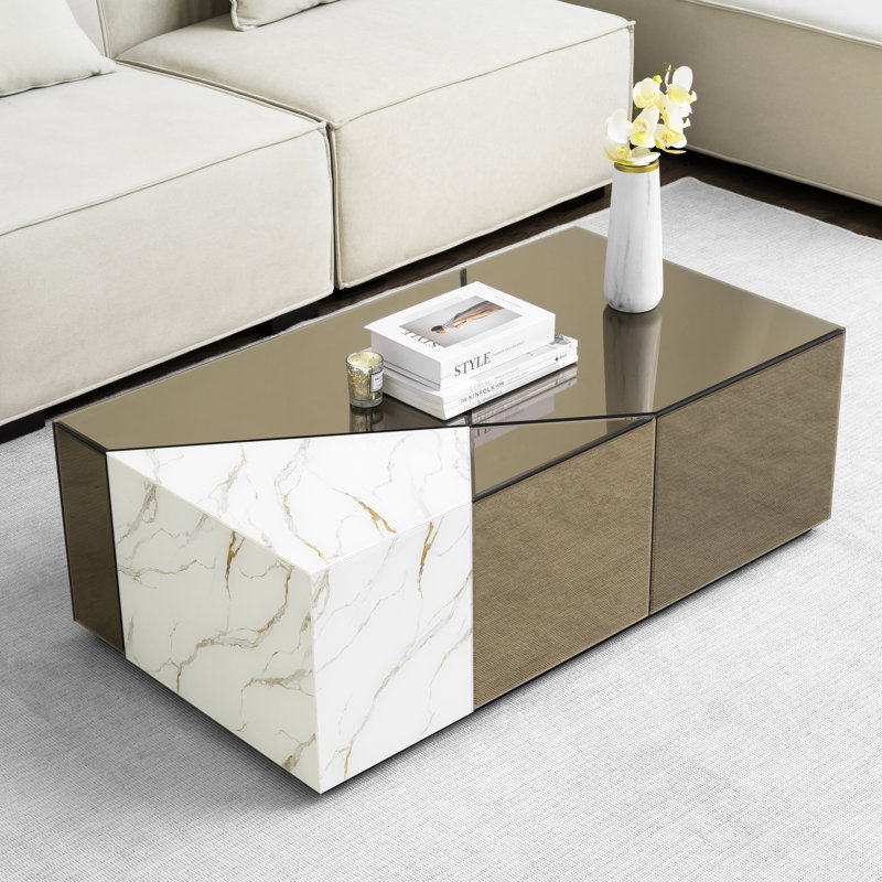 Benley 39.4''L Modern Glass Coffee Table, Brown/White