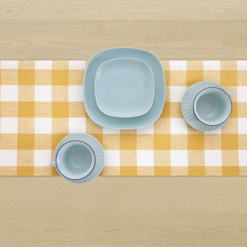 Buffalo Check - 100% Pure Linen Table Runner, 90" x 14", Mustard/White