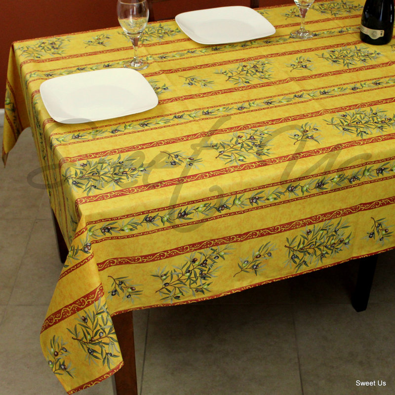 Wipeable Stain Resistant Acrylic Coated French Provencal Cotton Olive Floral Tablecloth, 136" x 60", Yellow