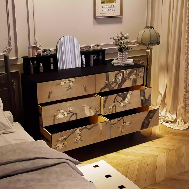 Six-Drawer Sideboard with Solid Pine Frame, Yellowish Brown/Black