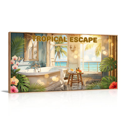 Tropical Escape Canvas Framed Wall Art Oil Painting Print Set Of 1，58 x 28 inch