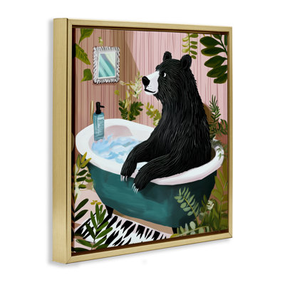 Bear in Plant Filled Bath Black Framed Floater Canvas Wall Art, design by Annabelle Hall
