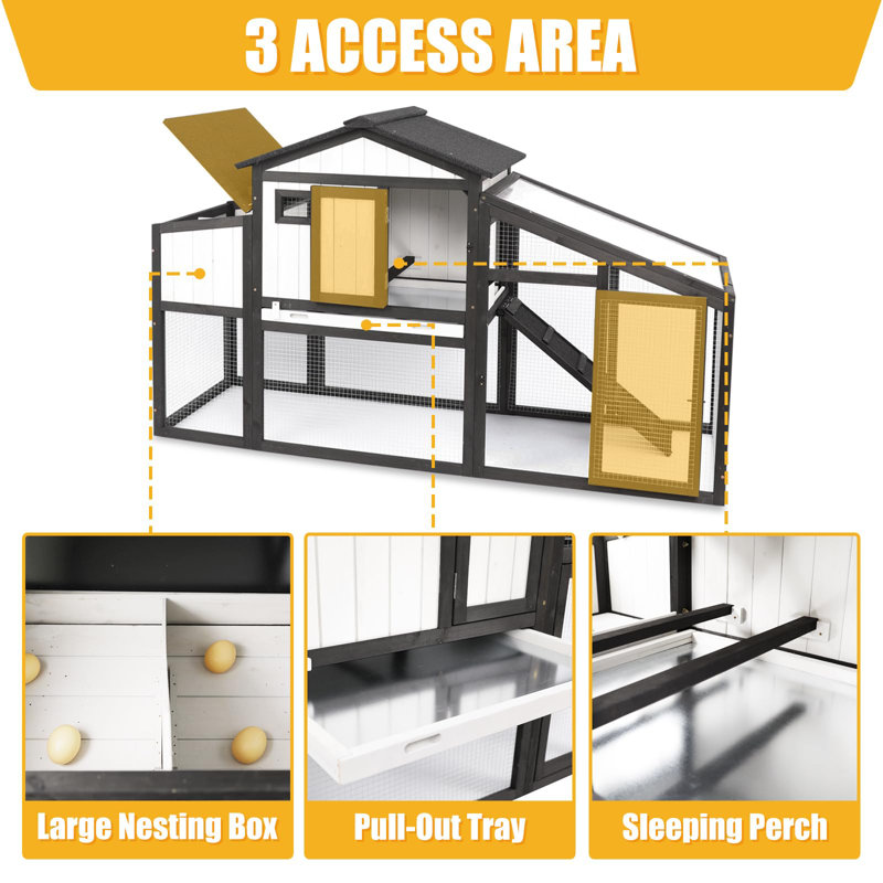 65"L Chicken Coop with Run, Wooden Hen House with Nesting Box, UV Panel