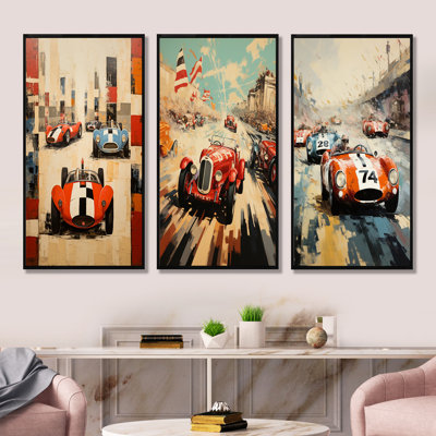 «Vintage Race Car Rally I» - ensemble de 3 reproductions d'art sur toile