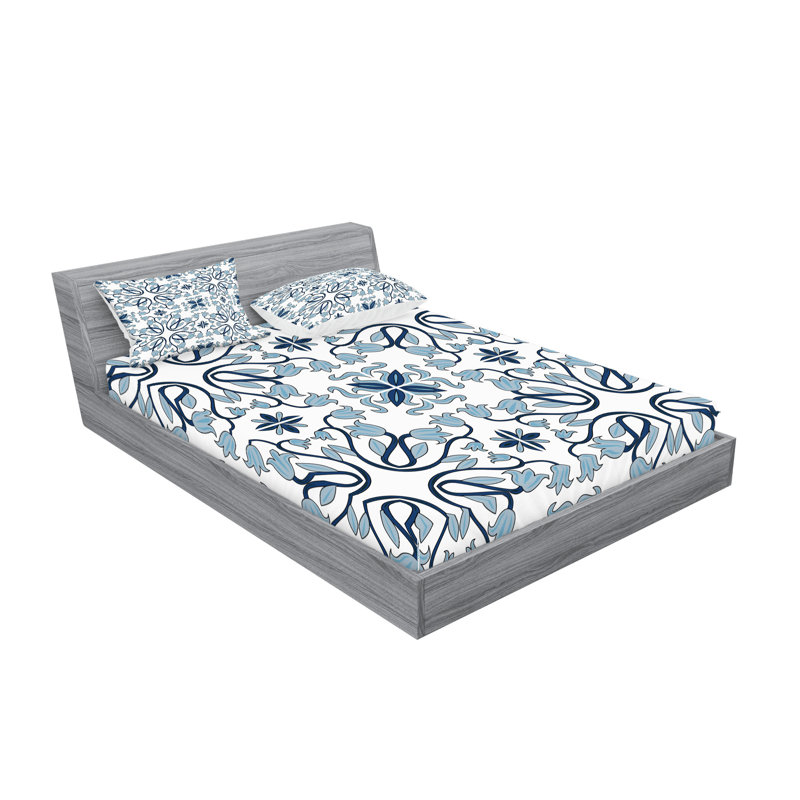 Ambesonne Traditional Fitted Sheet & Pillow Sham , Pale Blue Night Blue, Full Sheet Set + 4 Pillowcases