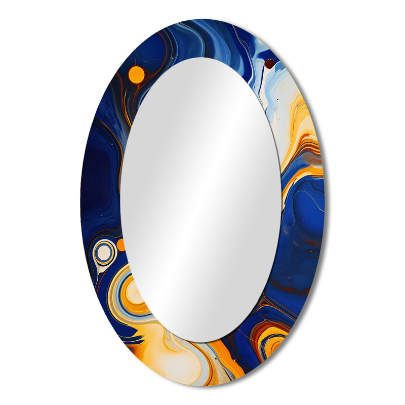 Jaune et bleu liquide Ink River II - miroir mural ovale moderne jaune, 36 po x 24 po