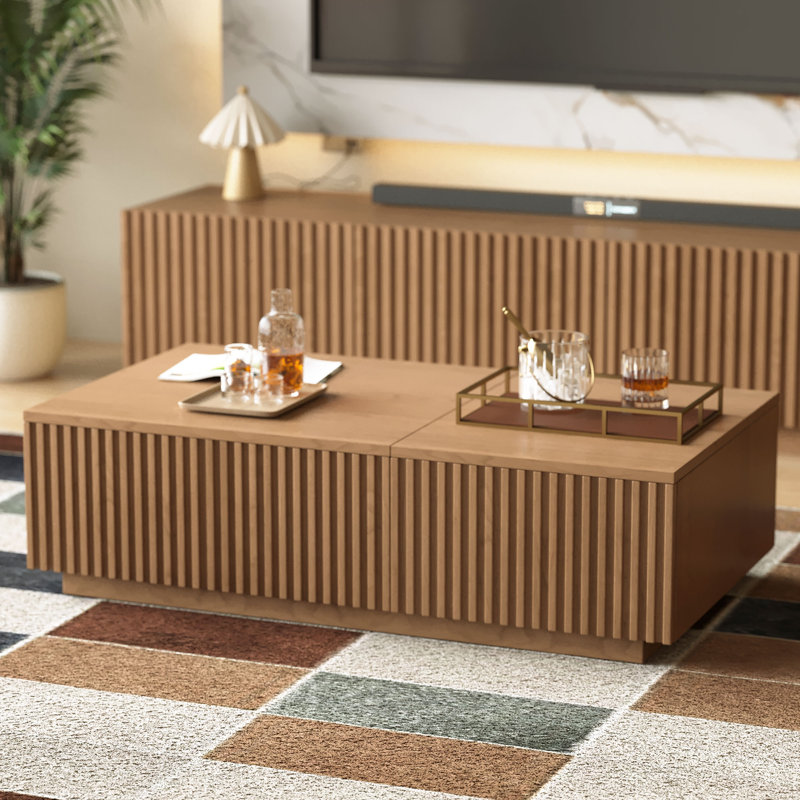 Table basse 51,1 pouces à plateau relevable avec rangement Table à lattes moderne avec 2 compartiments cachés pour le salon Noyer