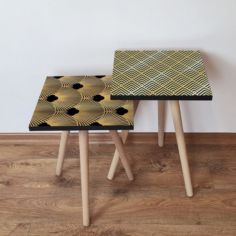 Modern Nesting Table Set (2 Pieces), Gold & Black, 13.8 x 18.5 x 13.8 in & 13.8 x 16.5 x 13.8 in | 100% MDF with Beech Wood Legs, Stylish Geometric Design | Perfect for Living Room & Office Décor