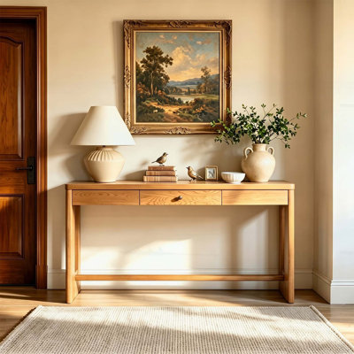 Table d'entrée en bois 59,8 po avec placage de chêne, console rétro avec tiroir et poignée ronde, multifonctionnel pour les couloirs et les salons