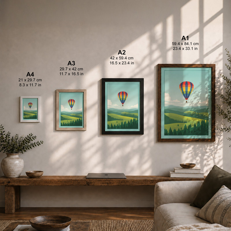 Balloon Over Mountain Modern - Framed Print, A2 - 59.4 x 42.0 cm, Black