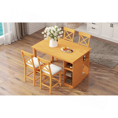 60"Lx30"W Solid Wood Farmhouse Counter Height Dining Table Set with 3-Tier Storage Shelves, Upholstered Dining Chairs for 4, 5-Piece, Brown