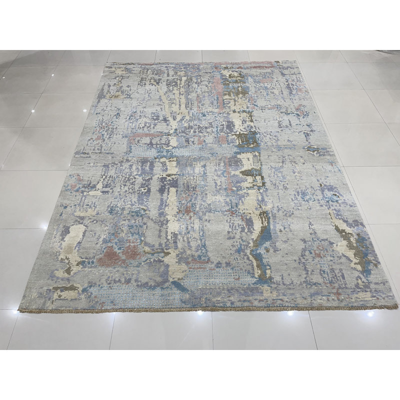 Tapis transitionnel gris multicolore moderne et élégant en laine nouée à la main, Rectangle 9 pi x 12 pi