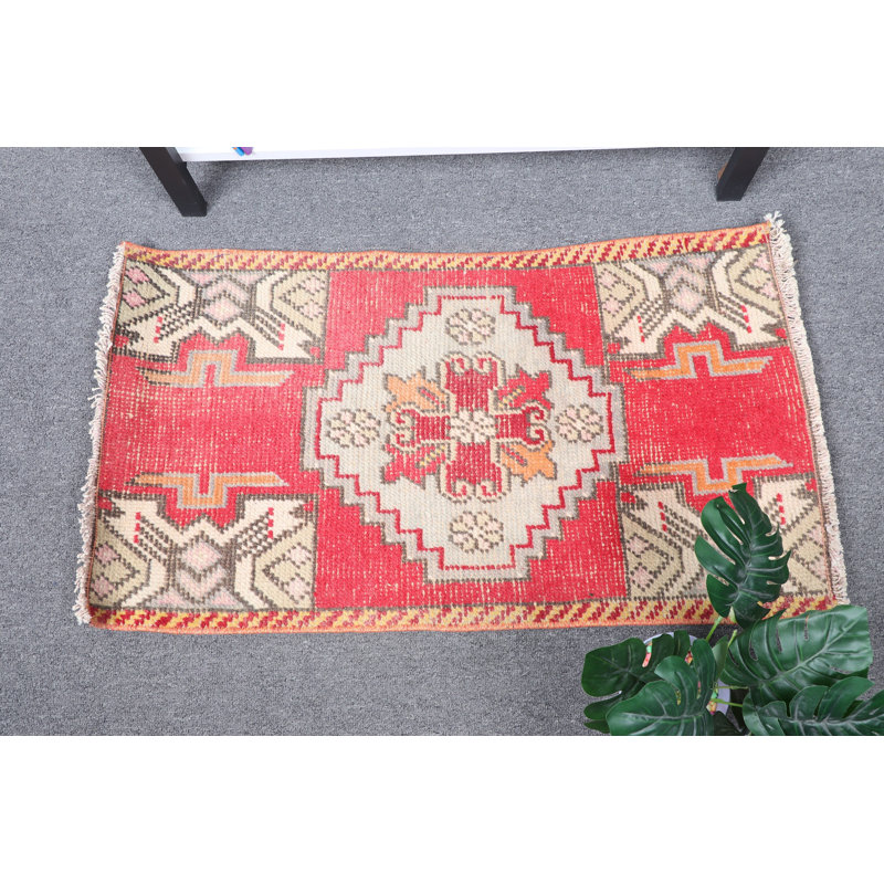 Small Red Turkish Vintage Antique Oushak Rug Perfect for Bathroom Entryway