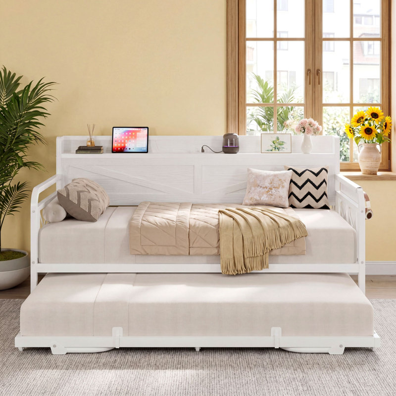 Twin Daybed with Pop Up Trundle, Storage Headboard and Charging Station, Strong Supports for Small Spaces, White, White