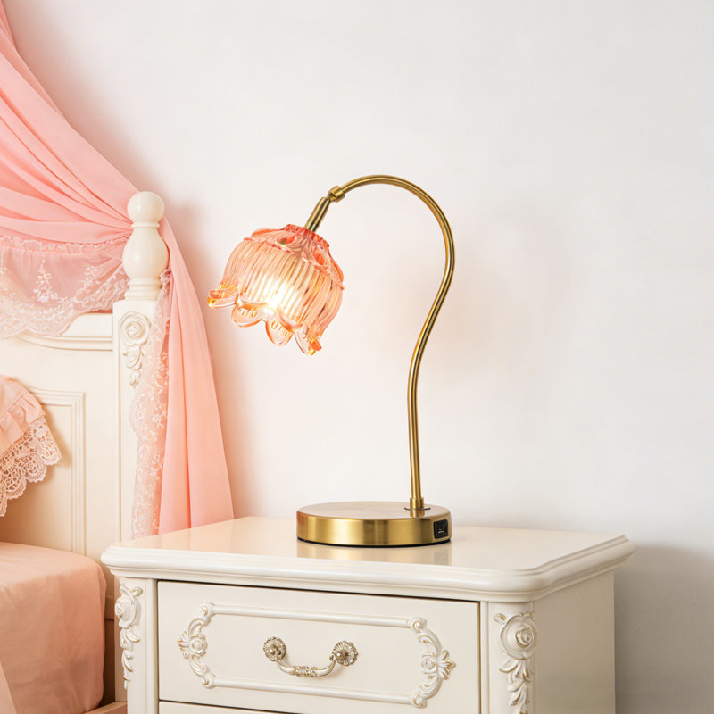 Novelty and Cute Table Lamp with Pink Flower Glass Lampshade, Gold Metal Desk Lamp for Bedroom or Reading Room