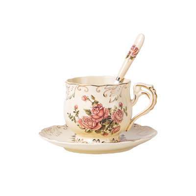Ensemble tasse à thé et soucoupe 8 oz, tasse à thé en céramique avec soucoupe et cuillère, motif floral rose rétro ivoire avec garniture de feuilles d'or, cadeaux parfaits pour les femmes