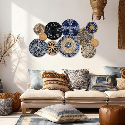 11 pièces Boho décoration murale panier rond en osier tissé rond rustique fait à la main en osier pour la maison d'été, chambre à coucher, salon, décorations de cuisine, plusieurs tailles (bleu)