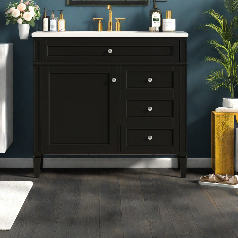 Ensemble de meuble-lavabo moderne noir, bois massif et panneau de fibres à densité moyenne avec rangement