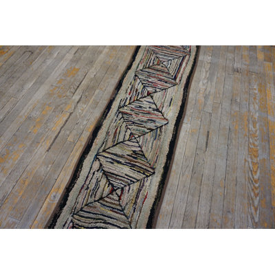 Antique American Long Cabin Folk Art Pattern Long Hallway Hooked Runner Rug