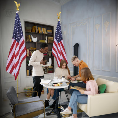 House of Hampton® - Ensemble de mât de pavillon d'intérieur de 8 pi avec dessus d'aigle et mât en aluminium doré avec base 3 x 5 pi drapeau américain pour bureau, école, hôtel de ville, 2 pièces