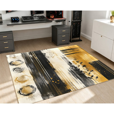 Tapis abstrait à motifs géométriques avec coups de pinceau dorés, noirs et blancs, orné de cercles. Tapis d'intérieur artistique, antidérapant et résistant, idéal pour le salon, la chambre à coucher, l'entrée, la cuisine ou un appartement.