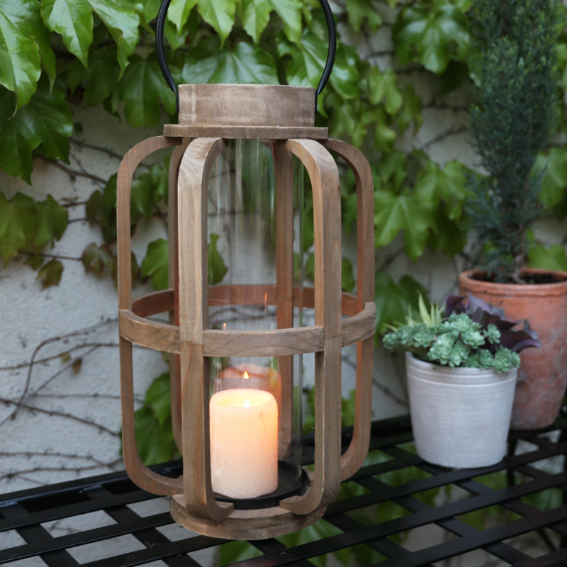 Lanterne en bois cylindrique, H 17,75 po x l 10,5 po x P 10,5 po