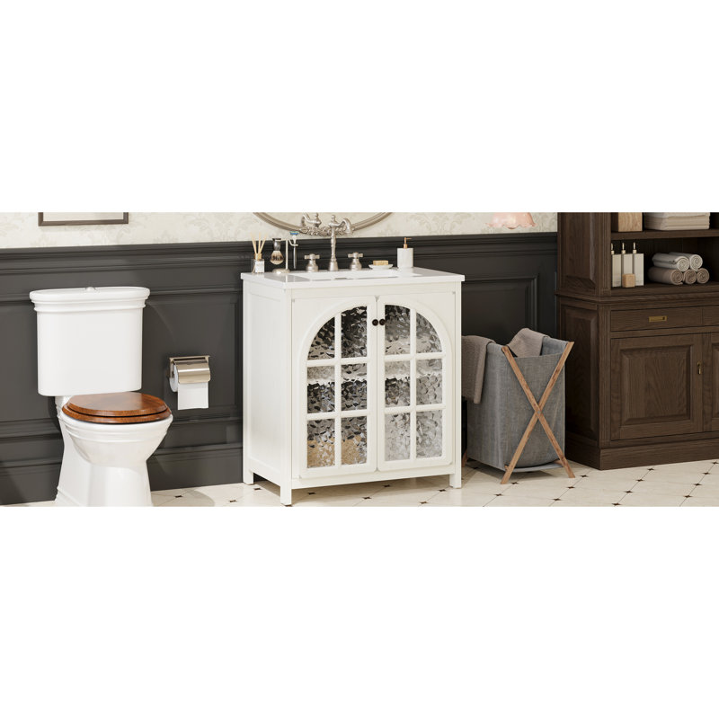 Meuble-lavabo de 31 po avec lavabo, charnières à fermeture en douceur, cadre en bois d'hévéa et rangement flexible en portes de 31 po en céramique rétro blanc antique, polyvalent pour un espace intime