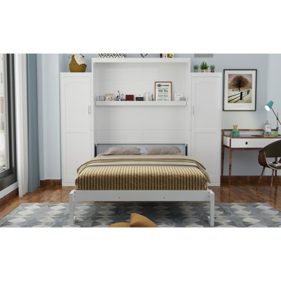 Lit escamotable double avec garde-robe et 2 tablettes de rangement, cadre de lit plateforme pliable multifonctionnel pour chambre d'amis, chambre à coucher, blanc (ancien SKU: N733S235596K)