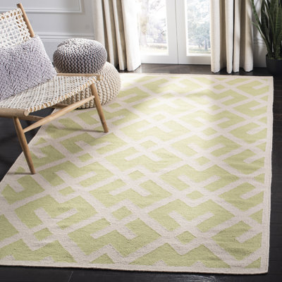Crawford Hand Woven Flat Weave Wool/Cotton Geometric Rug in Ivory/Light green