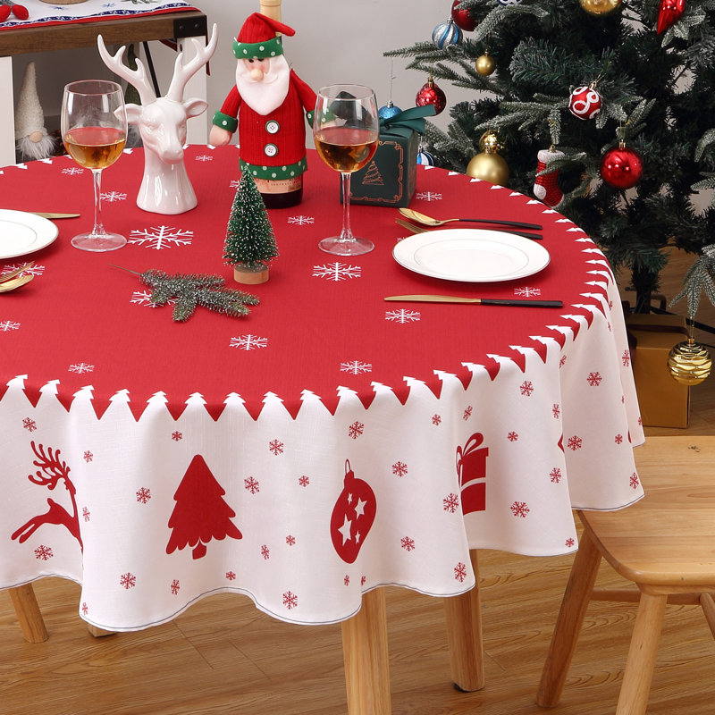152cm Round Christmas Tablecloth in 150GSM Polyester Slub Cloth | Snowflake & Gift Box Print, Wipeable Festive Cover for Dining & Holiday Parties