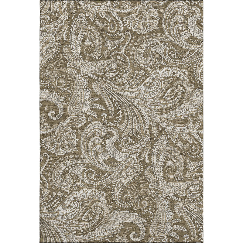 Tapis lavable en cachemire chocolat et ivoire 5 pi x 8 pi avec protection UV