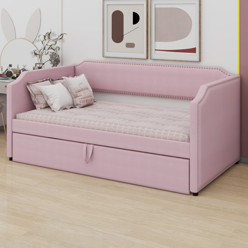Upholstered Daybed With Pop Up Trundle, Pink