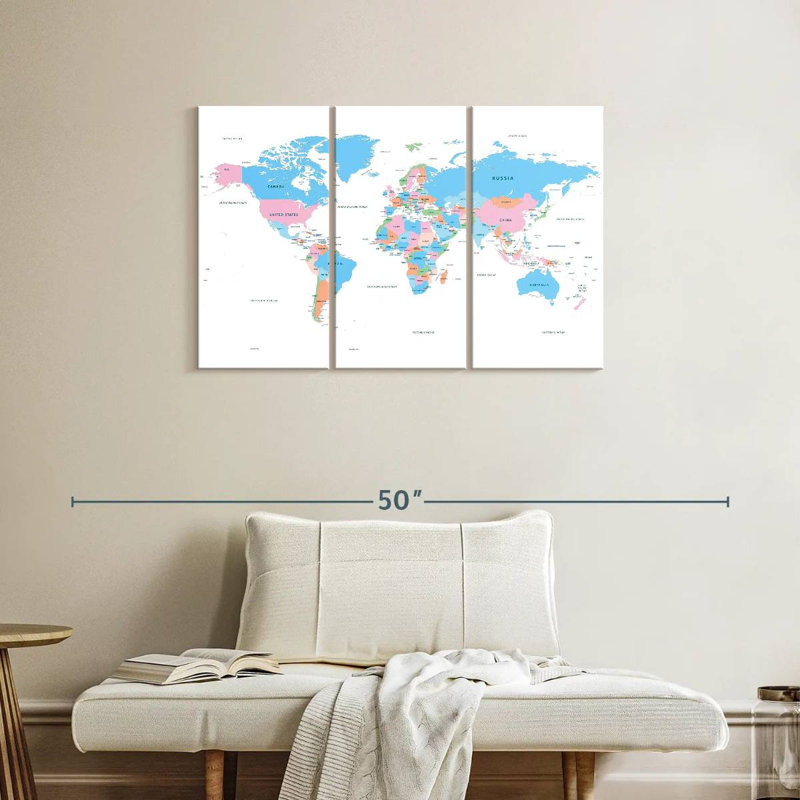 Carte du monde des pays pastel, H 24 po x l 38 po