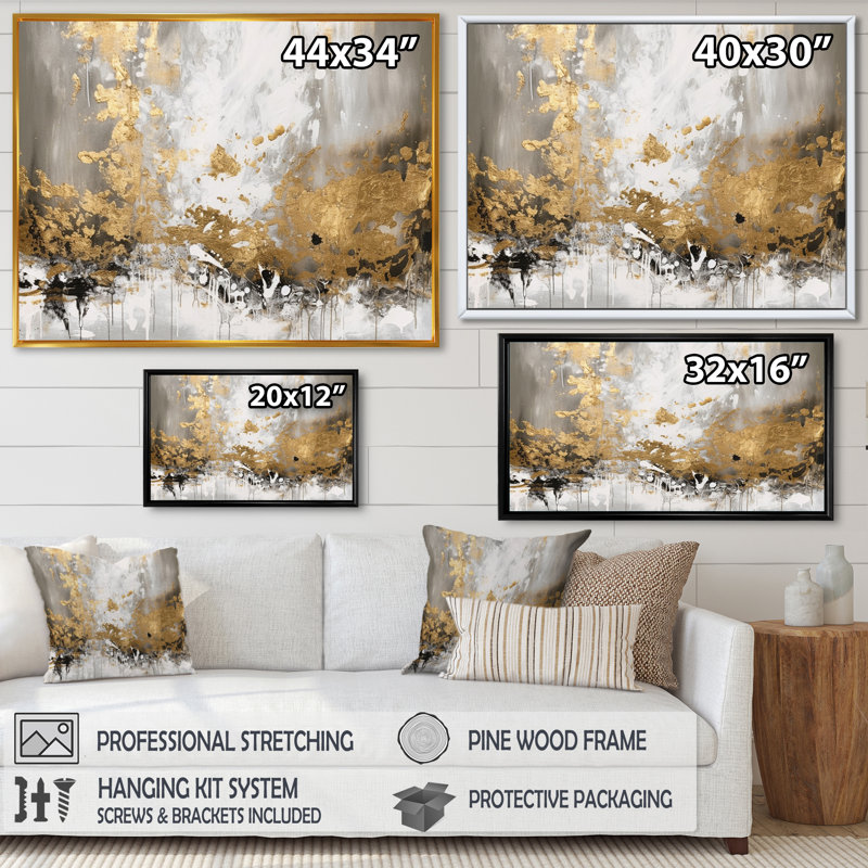 Or et blanc abstrait - art mural abstrait, H 34 po x l 44 po x P 1,5 po, Cadre flottant doré