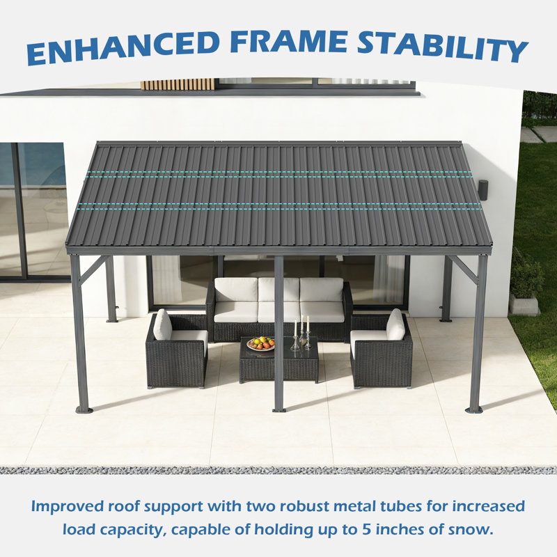 Patio Gazebo Lean to Wall Mounted Pergola with Sloping Galvanized Steel Roof, Gray, 96.13" H x 189.7" W x 117.76" D