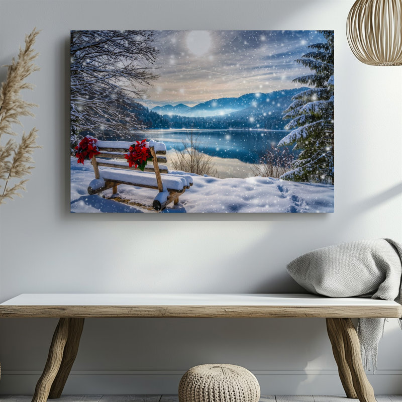 Toile, "Un paysage d'hiver serein avec un lac tranquille entouré d'art enneigé, montagnes et montagnes en arrière-plan"