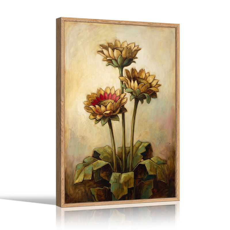 Tableau sur toile représentant trois fleurs dorées aux pétales rouges et aux feuilles vertes, H 48 po x l 32 po