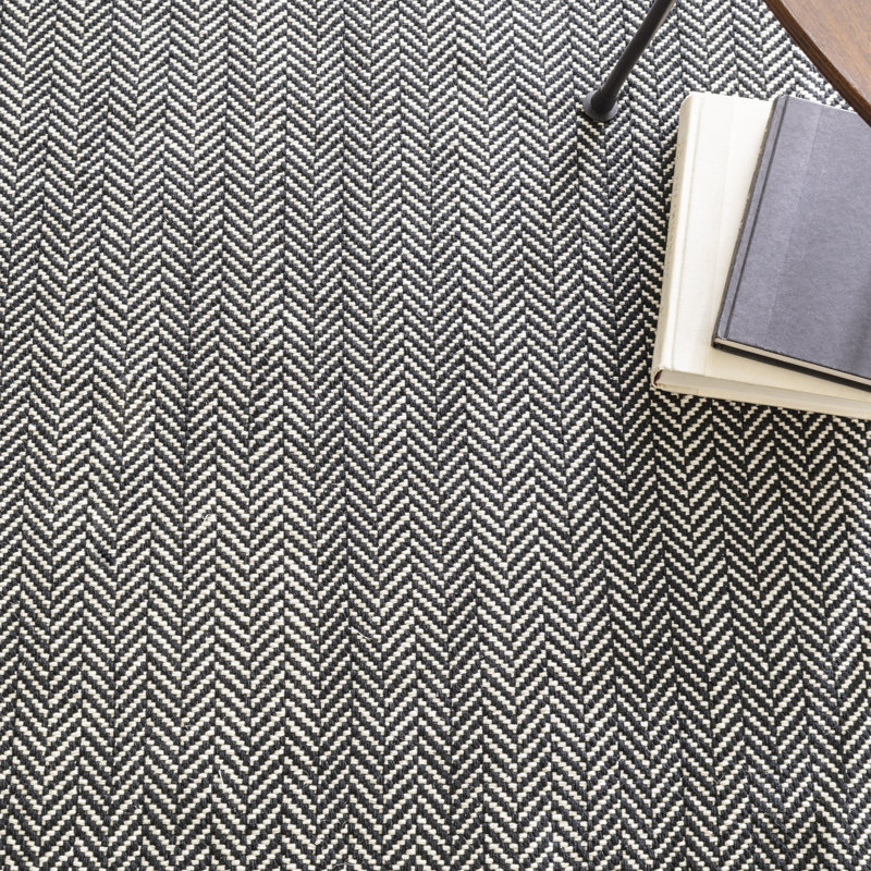 Pearl Herringbone Handwoven Indoor/Outdoor Rug, Rectangle 9'6" x 13'6", Black/Ivory