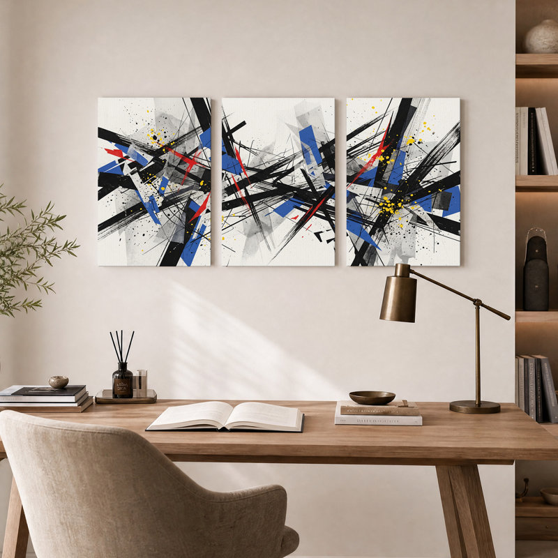 Ensemble de 3 toiles abstraites à coups de pinceau noirs, bleus et rouges, 18"H x 12"W x 3pcs