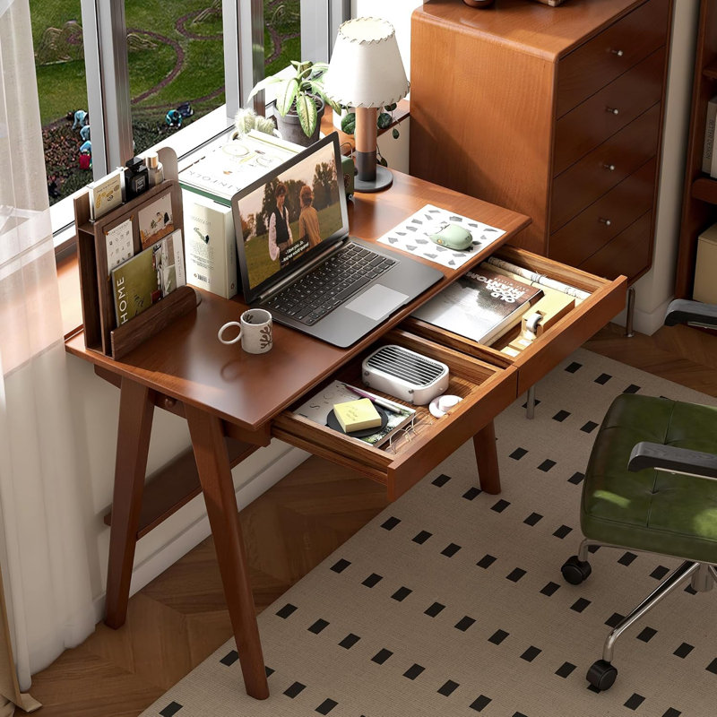 Bureau en bois massif de 39,4 po de largeur avec tiroirs, L 39,4 po, Teak